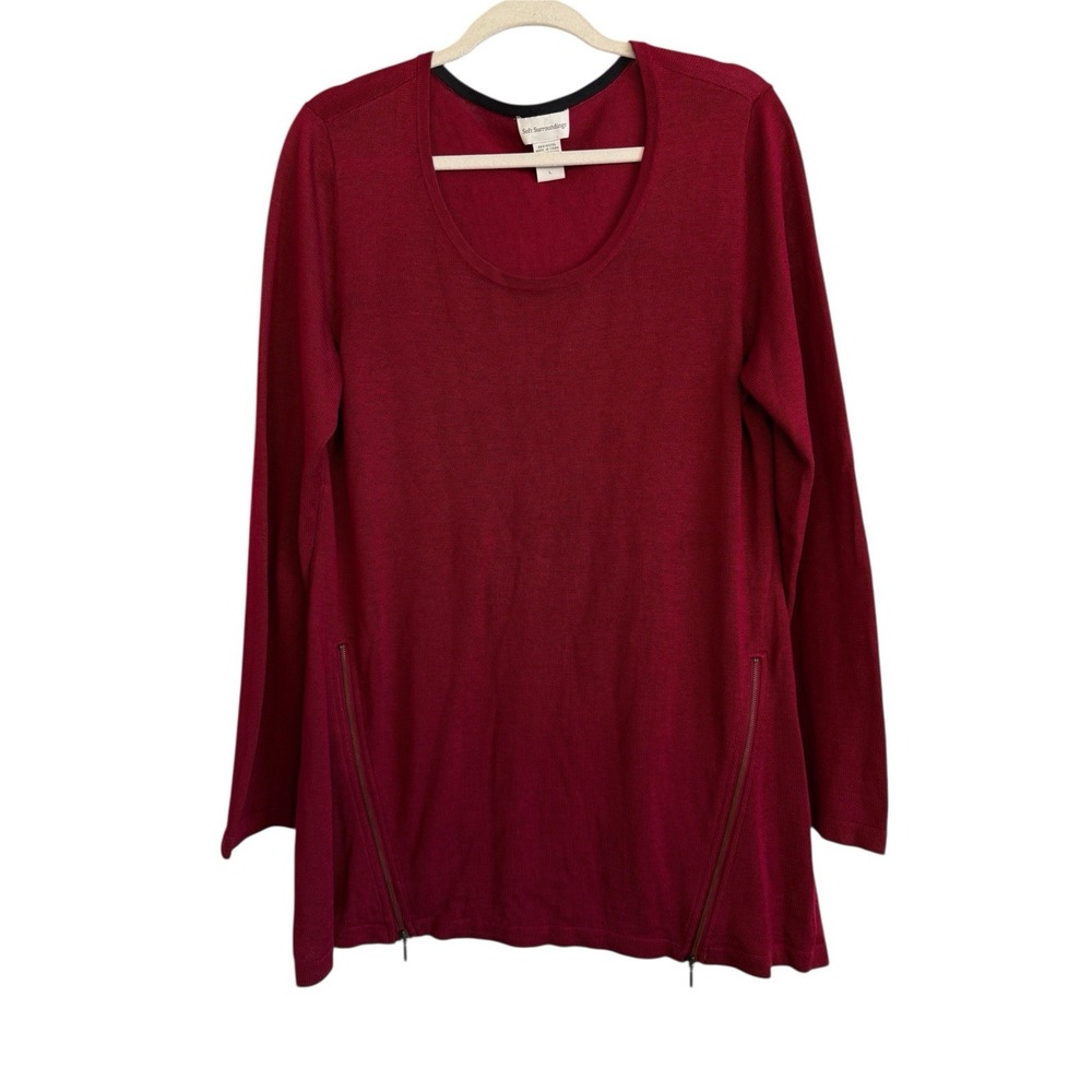 Soft Surroundings Tunic Sweater Size L Zipper Detail Cashmere Blend Burgundy Red